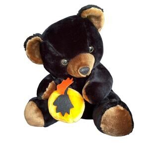 Vintage Chrisha Playful Plush Black Bear with Pumpkin 1988 Stuffed Animal READ
